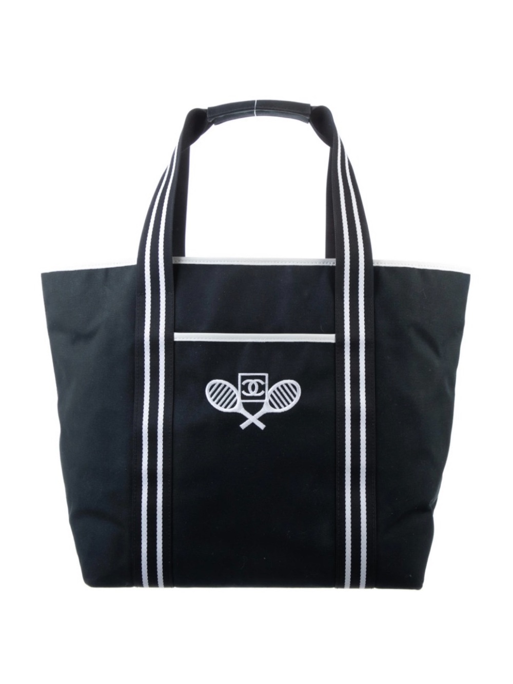 Authentic rare vintage CHANEL Black Canvas Tote with White Trim and Tennis Motif